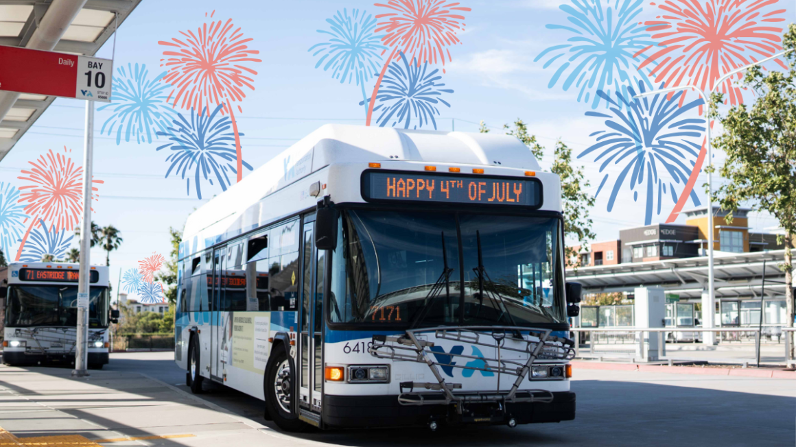 VTA bus parked at a bus stop with red and blue clipart fireworks around it