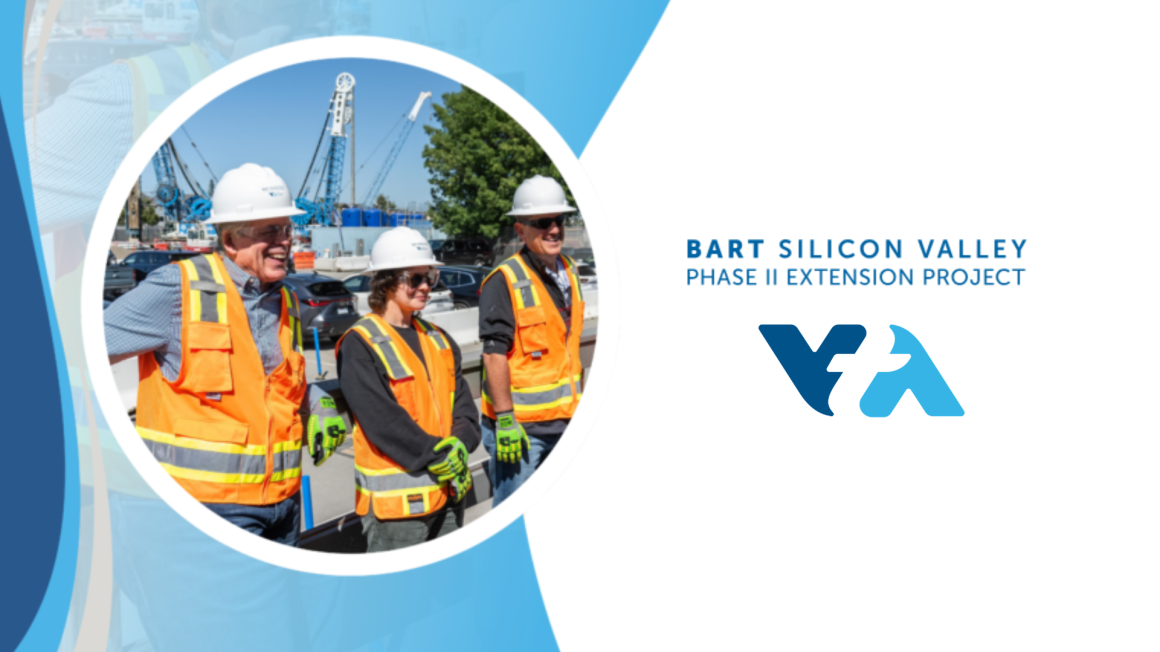 Three people wearing hard hats, safety vests, and work gloves stand at the BART Silicon Valley Phase II Extension Project construction site with cranes in the background. The image includes the project name and VTA logo.