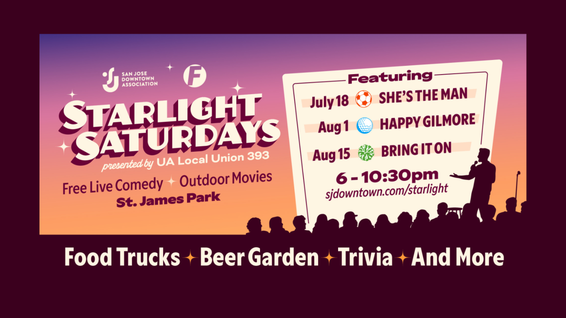 Starlight Saturdays promotional banner for free outdoor movies and live comedy at St. James Park, with dates, movie titles, and event information.