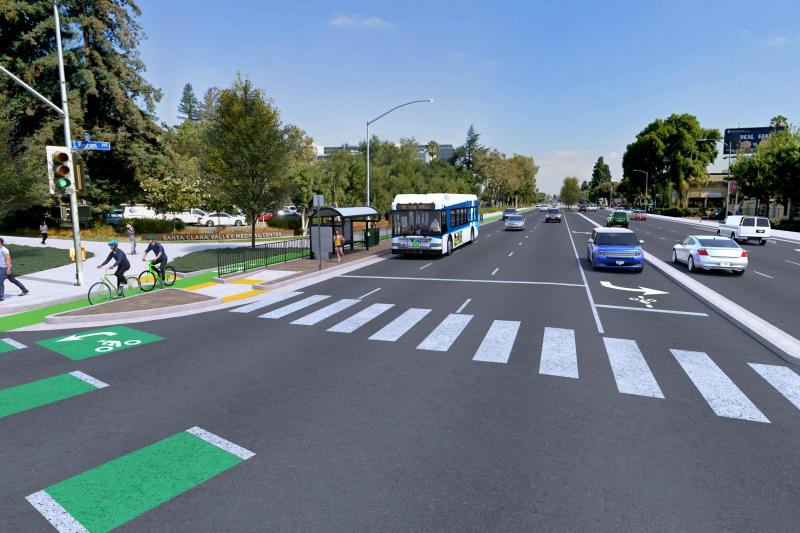 rendering of street with bus and cars and crosswalk and bike lane and bus stop