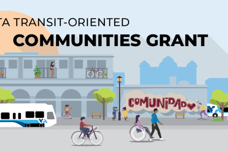 graphic with train, person in wheelchair, person  on a bike, trees and sidewalk