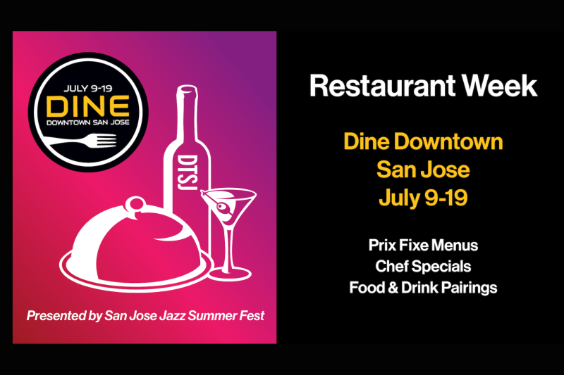 Graphic promoting Dine Downtown San Jose Restaurant Week, July 9–19, featuring prix fixe menus, chef specials, and food and drink pairings, presented by San Jose Jazz Summer Fest.