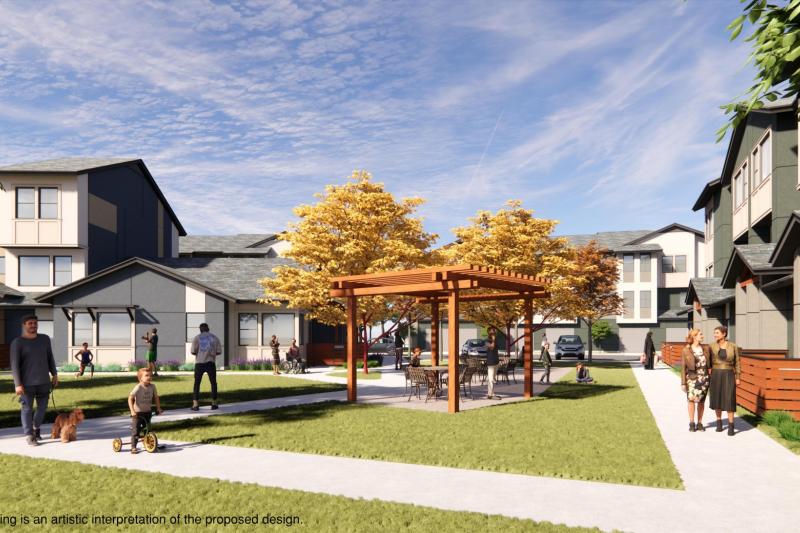 rendering showing apartments and grass with people nearby