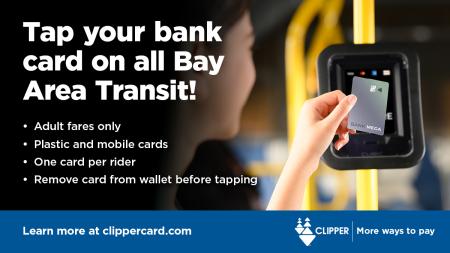 Image of a person tapping her bank car on a clipper card reading machine