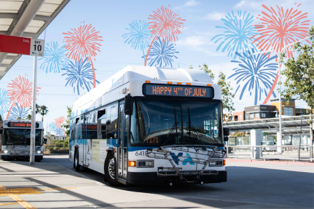 VTA bus parked at a bus stop with red and blue clipart fireworks around it