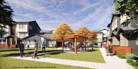 rendering showing apartments and grass with people nearby
