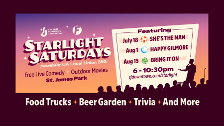 Starlight Saturdays promotional banner for free outdoor movies and live comedy at St. James Park, with dates, movie titles, and event information.