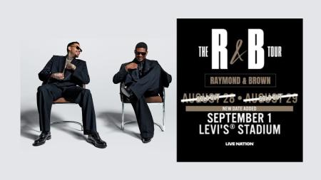 Chris Brown and Usher seated side by side in black suits next to a promotional graphic for The R&B Tour at Levi’s Stadium on September 1.