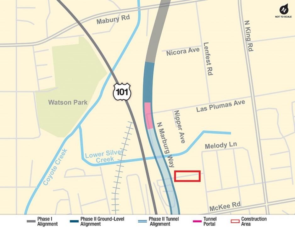 Map showing East San Jose with a red box calling out geotechnical work near Marburg Way