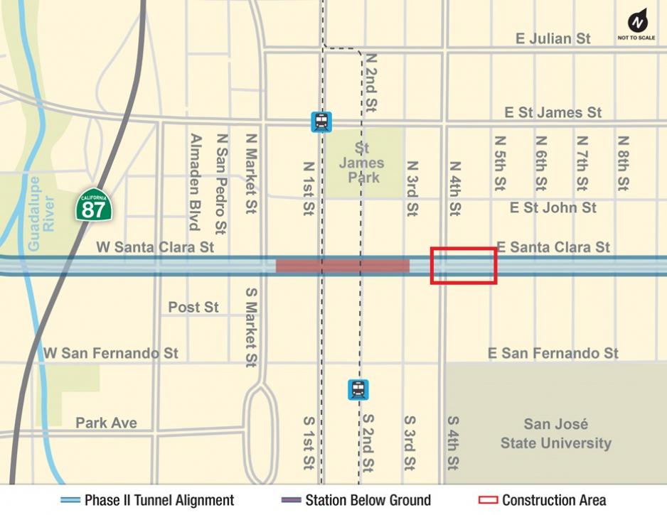Map of downtown San José which shows a red box on East Santa Clara Street between 4th and 5th Streets