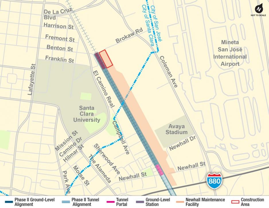 Map of the border of San Jose and Santa Clara with a red construction box to the southeast of Brokaw Road