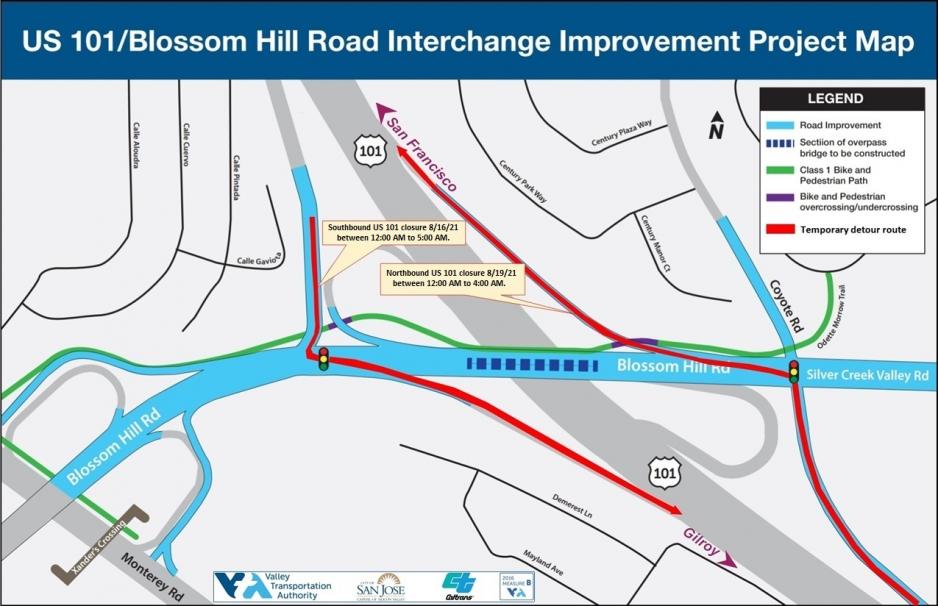 Late-night to early-morning freeway closure from 8/16 to 8/21 of the US 101/Blossom Hill Road Overcrossing.