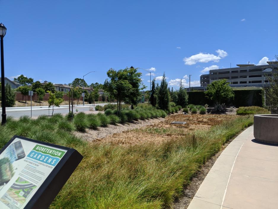 S1-C3.2-G3_NativeLandscaping_BART.jpg A photo of a bio-retention garden adjacent to a parking structure.
