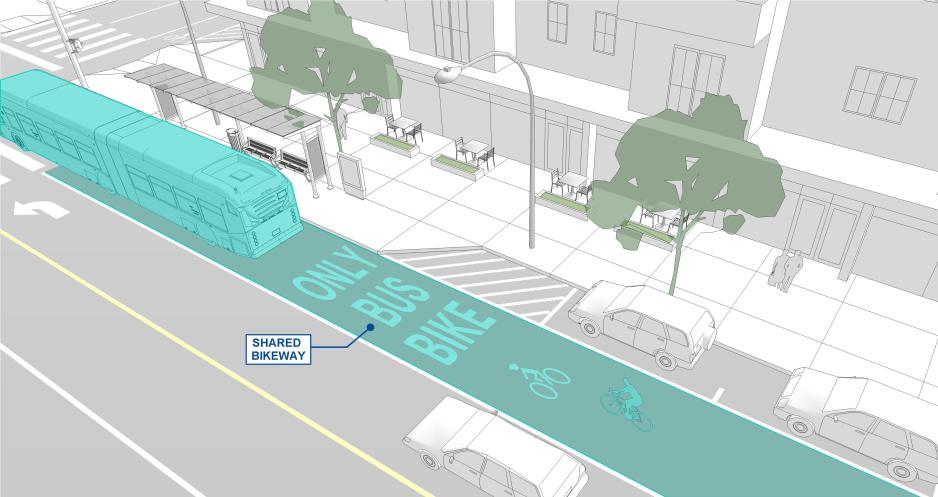 Diagram of a bus stop showing a shared bus-bike lane.