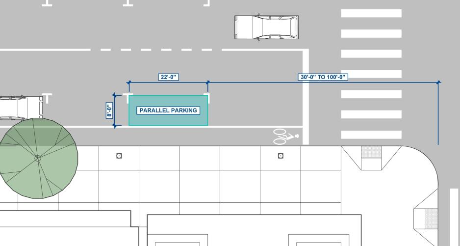 An illustration of a parallel parking spot with the dimensions of 8' by 22'. 