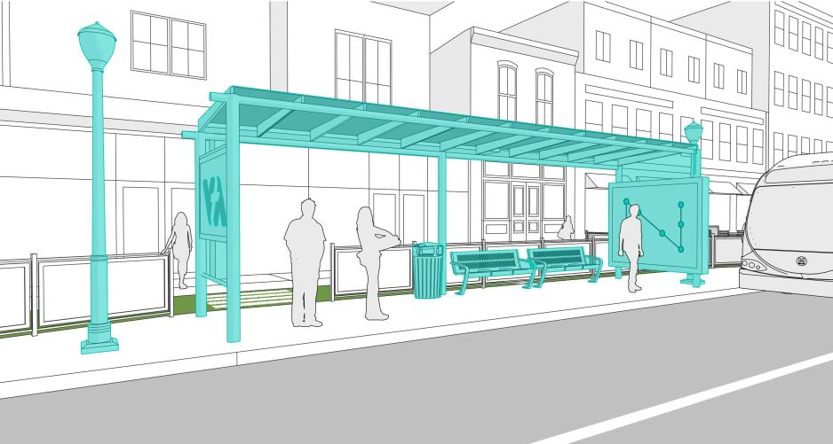 S1C4.5G5TransitWaitingArea.jpg A graphic of a large bus shelter with seating, trash can, and schedule.