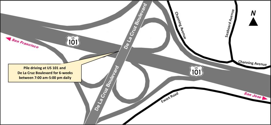 US 101 and De La Cruz Boulevard for 6-weeks between 7:00 am-5:00 pm daily