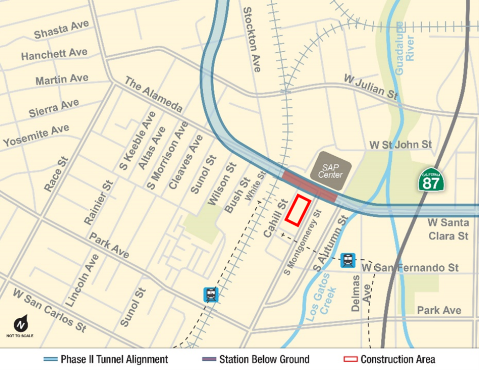 location of geotechnical work along Diridon 7/12/24 - 8/12/24