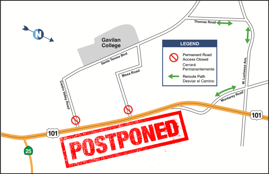 the planned closure of access to US 101 at Castro Valley Road and Mesa Road—which was set to start on April 16—will now be postponed. Currently, we don’t yet have a new start date, but we’ll share updates as soon as we have more information.