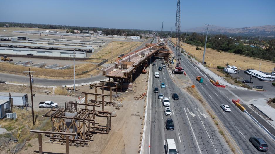 Aerial view of falsework along southbound Capitol Expressway at Tully Road in East San José. 