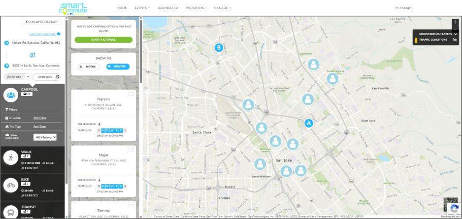 SmartCommute page with carpool options