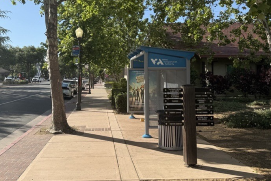 Image of a gray bus shelter installed in 2023
