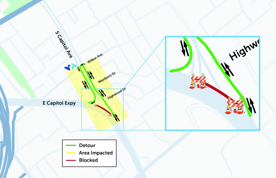 Map of a pedestrian closure on Capitol Expressway