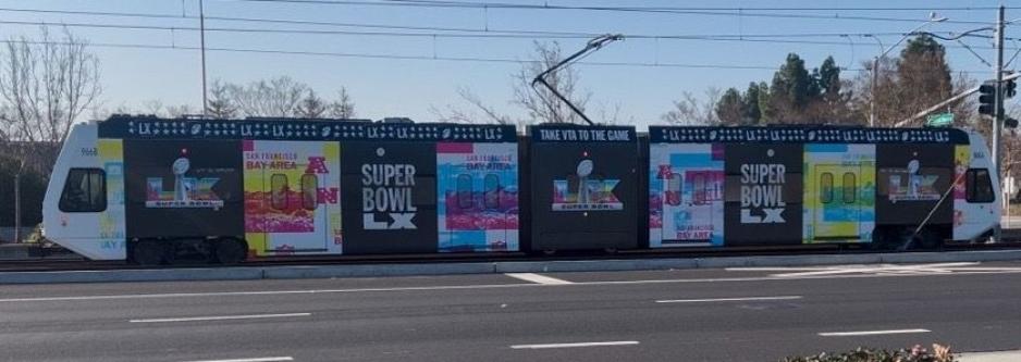 light rail train with super bowl LX design