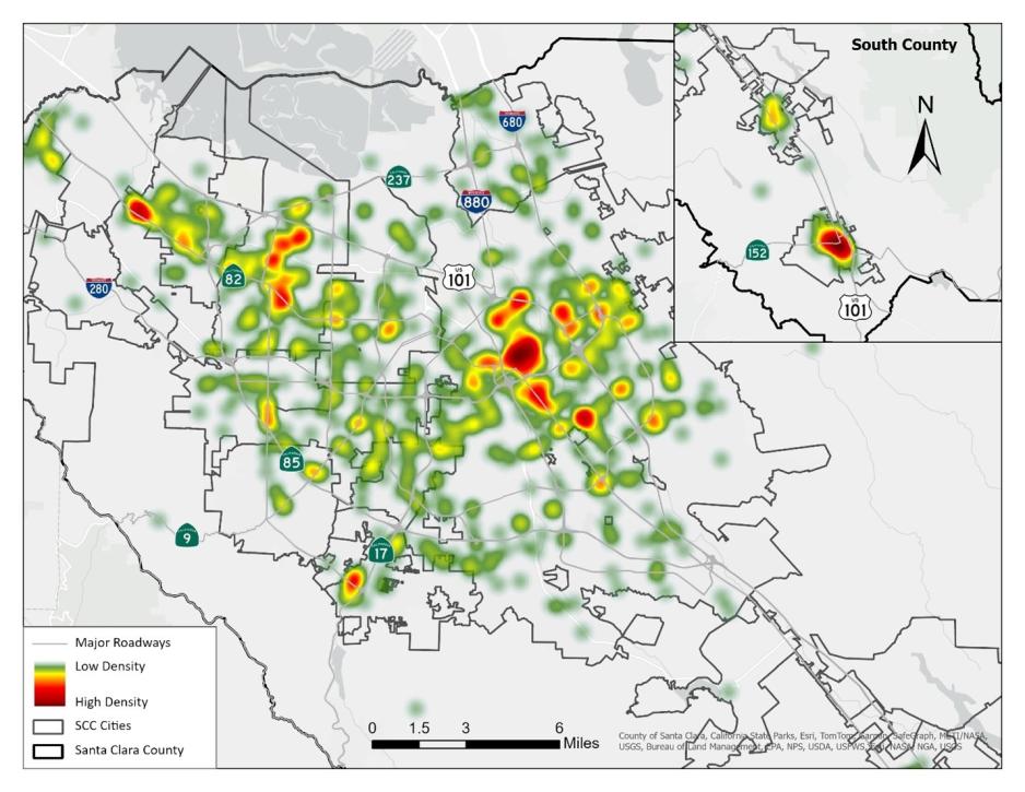 This figure displays a heat map of the hot spots of frequent bike/pedestrian involved collision locations in Santa Clara County in 2024. Locations with the highest collision density include:  - South county in Gilroy - Downtown San Jose - Downtown Sunnyvale near El Camino Real