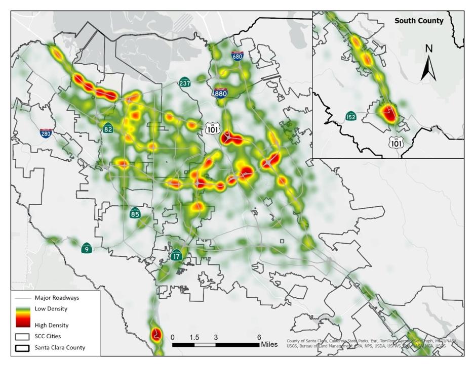 This figure displays a heat map of the hot spots of frequent collision locations in Santa Clara County in 2024. Locations with the highest collision density include:  - US 101 from Leavesley Rd to West 10th St in Gilroy - I-680 from Alum Rock Ave to Hwy 87 in San Jose - I-280 from Hwy 87 to Saratoga Ave in San Jose - US 101 from SR 237 to Oregon Expy in Sunnyvale, Mountain View, Palo Alto - US 101/I-880 interchange
