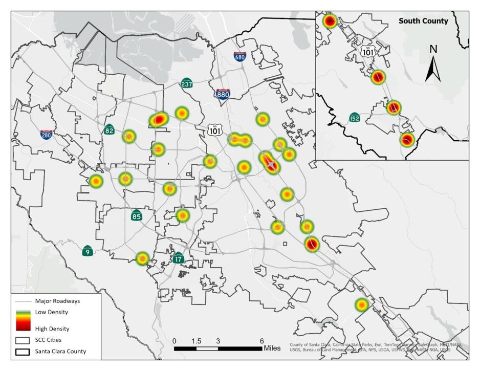 This figure displays a heat map of the hot spots of frequent fatal collision locations in Santa Clara County in 2024. Locations with the highest fatal collision density include:  - I-680/Alum Rock Ave interchange - US 101 from Story Rd to E Santa Clara St - US 101/Blossom Hill Rd interchange
