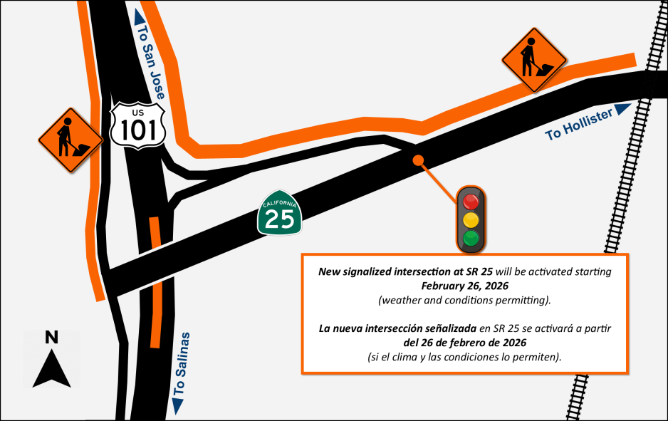 Construction map of the US 101 and State Route 25 intersection. Orange lanes indicate active construction zones. A new signalized intersection at SR 25 will be activated starting February 26, 2026, weather permitting