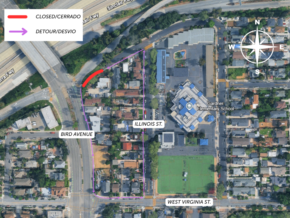 An aerial view of the Gardner neighborhood showing the sidewalk closure in red and detour.