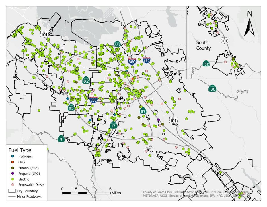 This figure shows a map of the locations of alternative fuels charging stations accessible to the public in Santa Clara County in 2025.