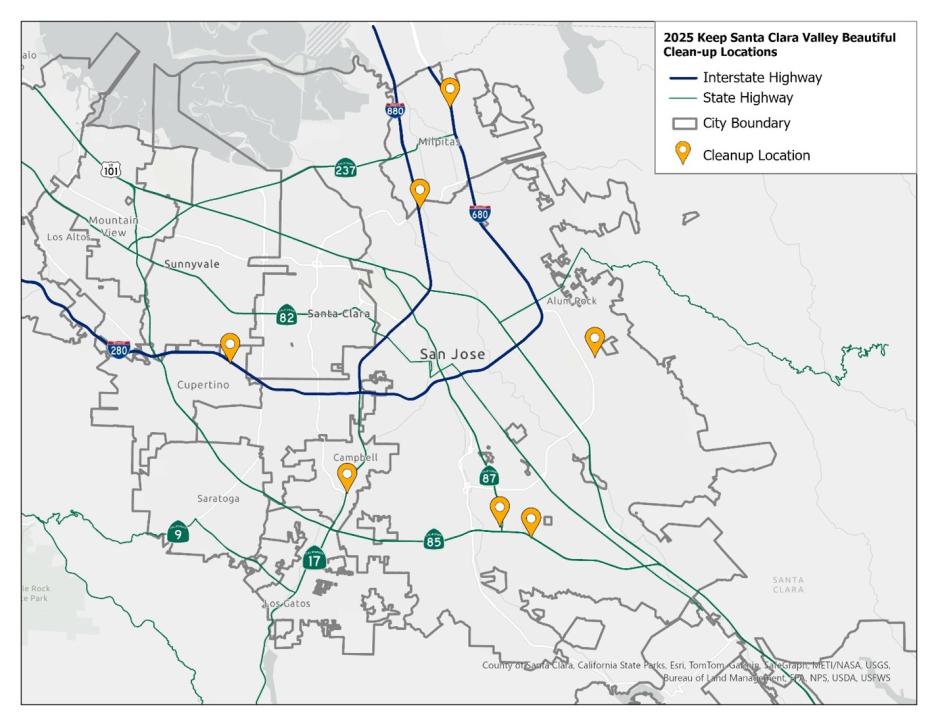 This figure shows a map of 2025 Keep Santa Clara Valley Beautiful Program cleanup locations, overlayed on equity priority communities layer. 
