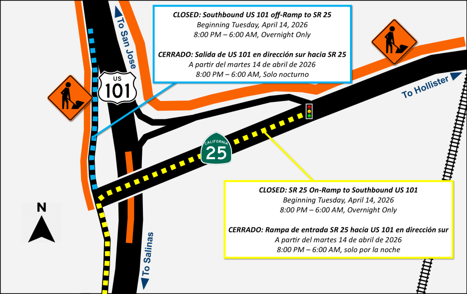 Traffic map showing the US 101/SR 25 interchange with overnight closures beginning April 14, 2026, from 8:00 PM to 6:00 AM. The southbound US 101 off-ramp to SR 25 and the SR 25 on-ramp to southbound US 101 are closed. Detour routes are highlighted, with directions toward San Jose, Hollister, and Salinas indicated. Construction symbols mark affected areas.