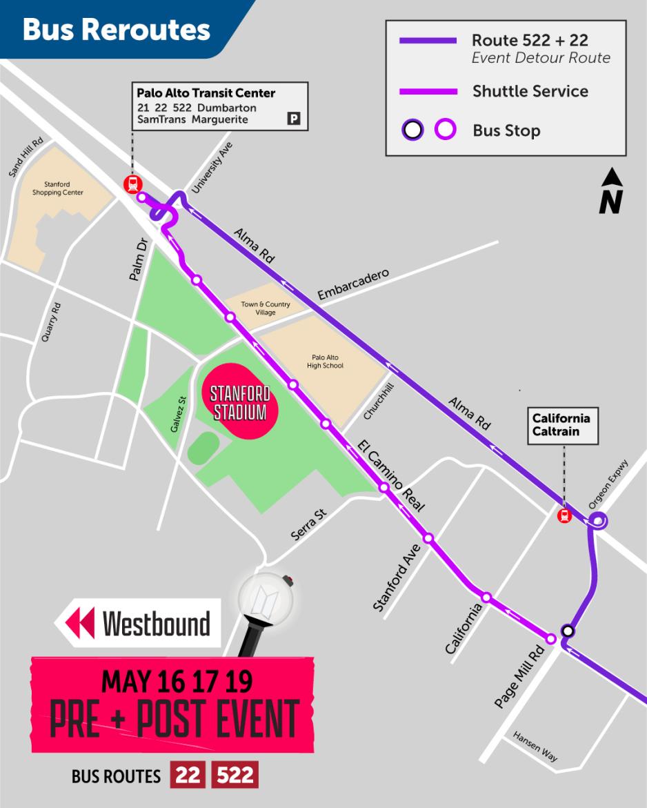 Map of Westbound VTA Service to Stanford Stadium