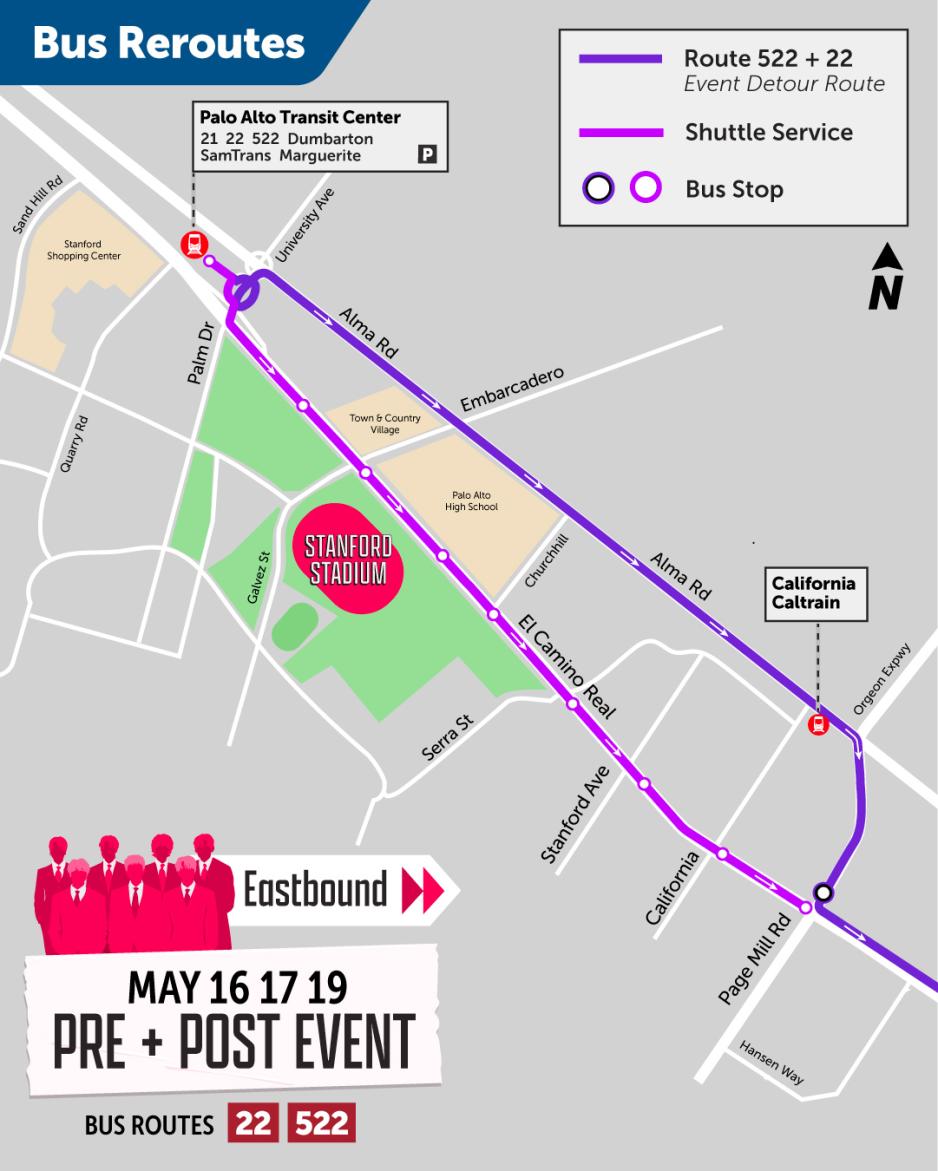 Map of Eastbound VTA service to Stanford Stadium