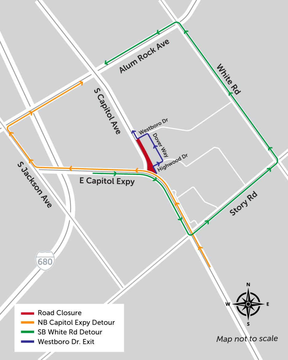 An aerial map of the Northbound Capitol Avenue closure between Capitol Expressway and Wilber Avenue.