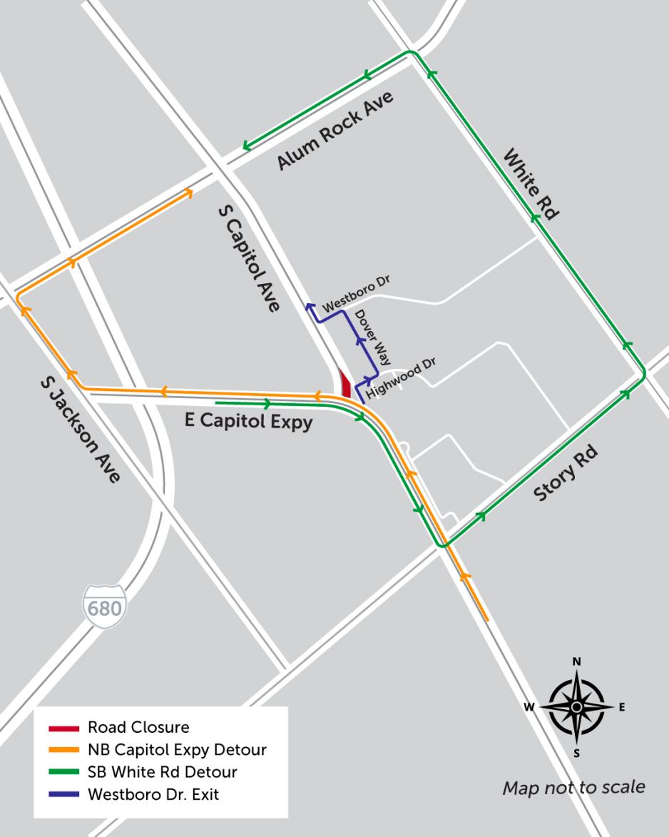 A detour map for the Northbound Capitol Avenue closure, between Capitol Expressway and Wilbur Ave.