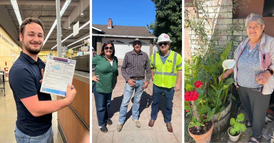Safeway manager, three people, and lady with flowers