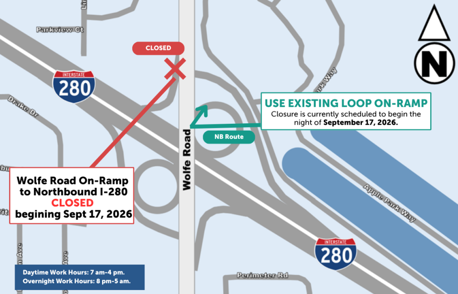 Traffic map showing the Wolfe Road on-ramp to northbound I-280 closed beginning September 17, 2026. Drivers are directed to use the existing loop on-ramp to access northbound I-280. Daytime work hours are 7:00 a.m. to 4:00 p.m.; overnight work hours are 8:00 p.m. to 5:00 a.m.