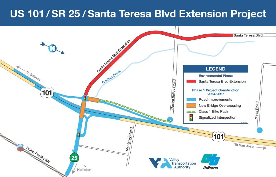 map showing Santa Teresa Boulevard connecting with Highway 25