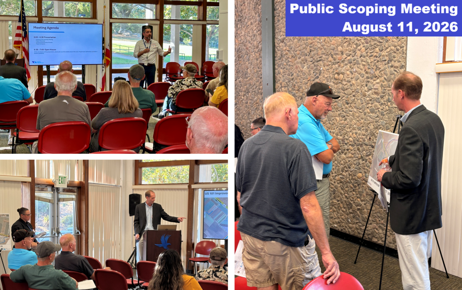 Collage of photos from the August 11, 2026 public scoping meeting, showing a presentation, attendees, project display boards, and staff speaking with community members.