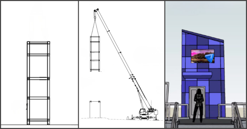 a graphic showing a tall steel structure, a crane, and a finished tower in purple.