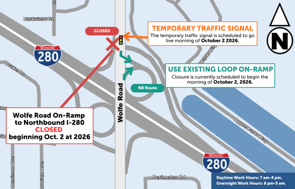 Map of Wolfe Road at I-280. The Wolfe Road on-ramp to northbound I-280 is closed beginning October 2, 2026. Drivers should use the existing loop on-ramp instead. A temporary traffic signal goes live the morning of October 2, 2026. Daytime work hours are 7 am to 4 pm, and overnight work hours are 8 pm to 5 am.