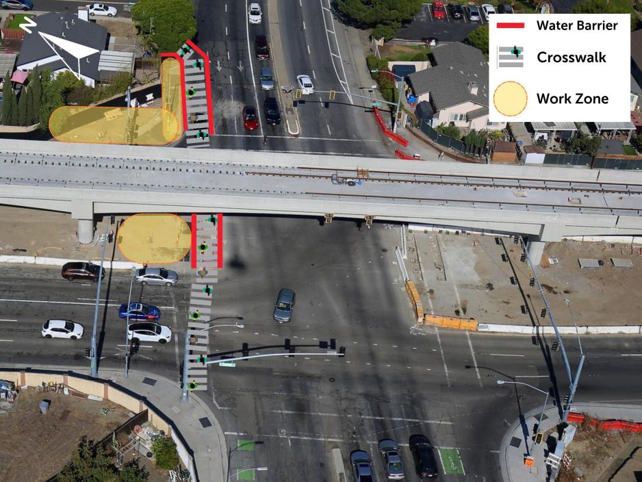 an aerial view of the Ocala Avenue and Capitol Expressway intersection. A temporary pedestrian path is marked, as well as the work zone.