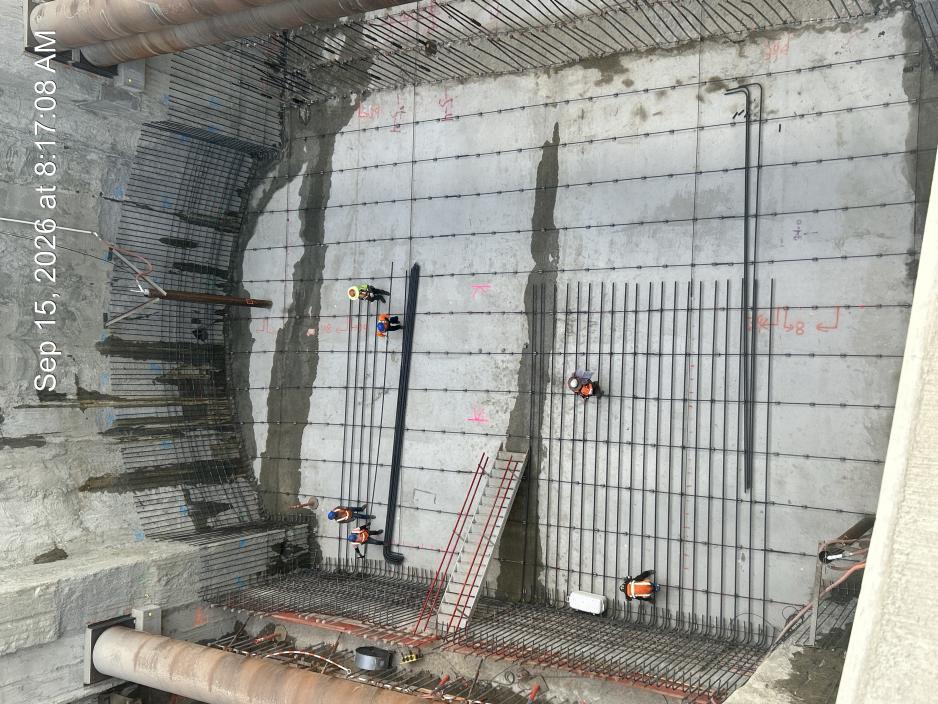 A view of the seven-story-deep caterpillar shaft, the deepest section of the larger West Portal Launch Structure, where the Tunnel Boring Machine (TBM) will embark on its journey. The BART Silicon Valley Phase II TBM will be lowered into the launch structure before it is reassembled and prepares to begin tunneling.