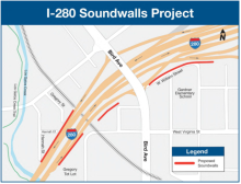 An aerial rendering of a section of the I-280 highway, starting from the Los Gatos Creek and ending just north of the Bird Avenue entrance/exit, and adjacent neighborhood. A legend in the bottom right corner shows that red lines indicate where the proposed soundwalls will go.